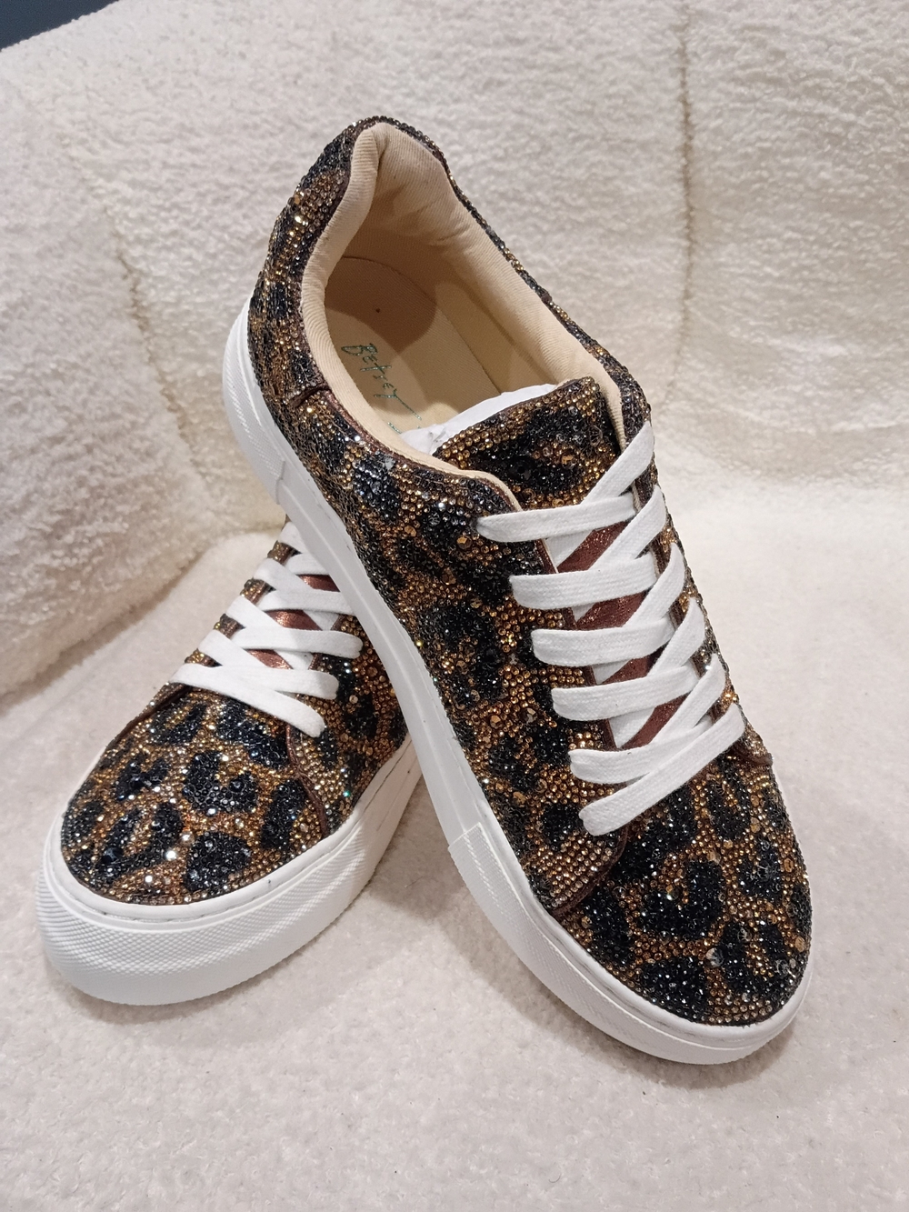 Betsey Johnson Leopard Print Rhinestone Platform Sneakers - Gold Black White